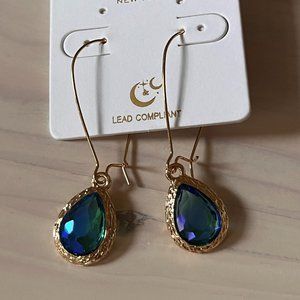 Blue Sparkly Teardrop Threader Earrings for Women, Gold Tone Bezel Set Dangles